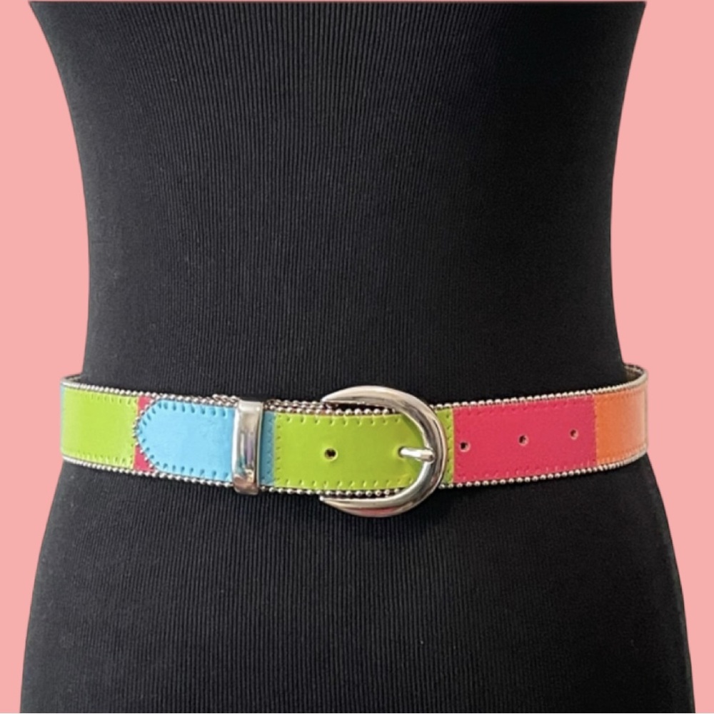 EliteStyle Multicolor Leather Patchwork Belt - Lime Green, Aqua, Pink, Orange